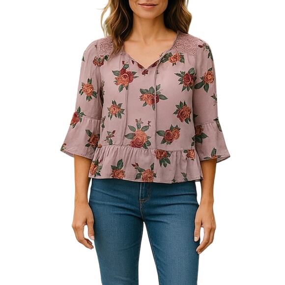 Self Esteem Floral Peplum Hem Bell Sleeve Blouse Y2K Lace Loose Fit Size Medium - Picture 1 of 9